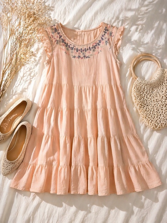 Knox Rose Dresses & Skirts - Knox Rose Blush Pink Embroidered Tiered Dress Medium Boho Cottagecore